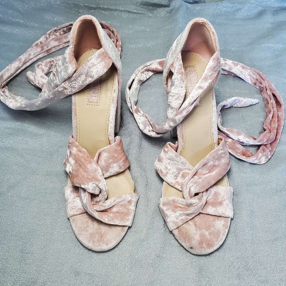 Pink Velvet Lace-up Block Heel Sandals Women 7 Romantic Pastel fairy Princess